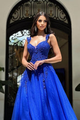Royal Long Navy Blue Sleeveless Prom Dresses A-line Lace Evening Gowns